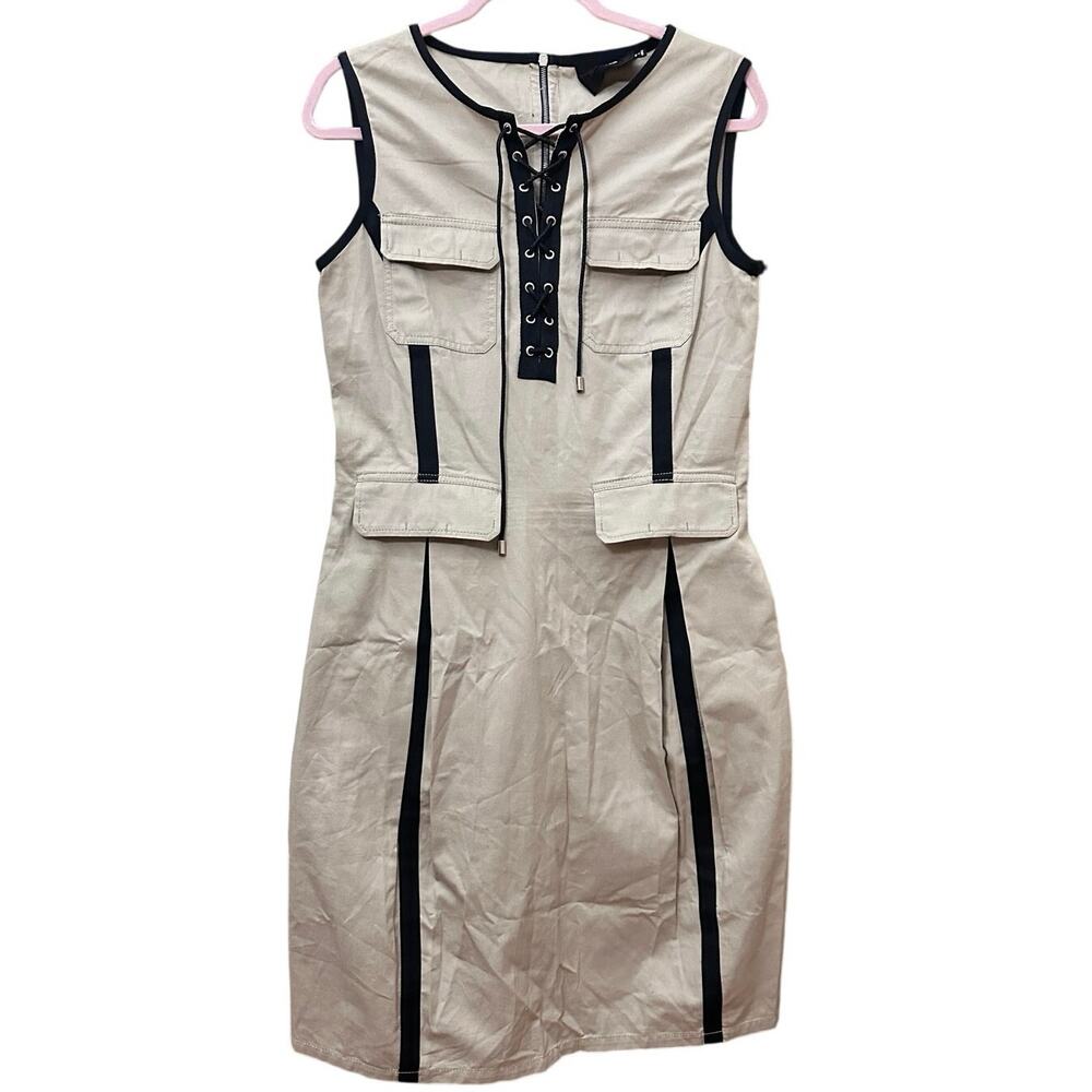 Dolce & Gabbana Lace Cotton Military Tan & Black Fitted Dress Size 44 / Medium‎